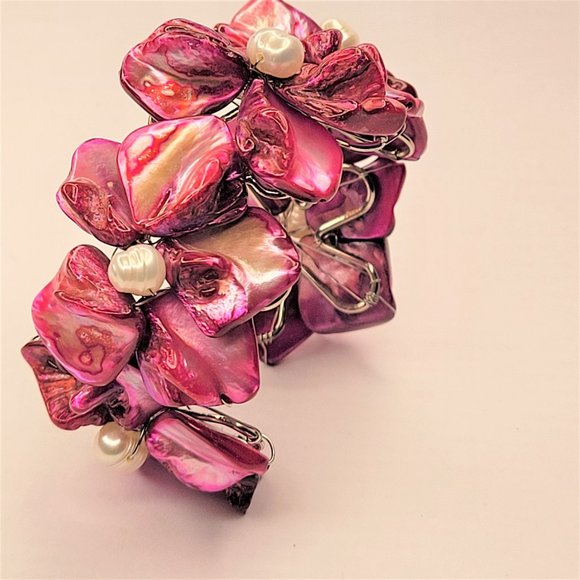 Purple Adjustable Cuff Bracelet with Pearl and Mother Of Pearl Shell Bangle -NEW - Picture 7 of 11